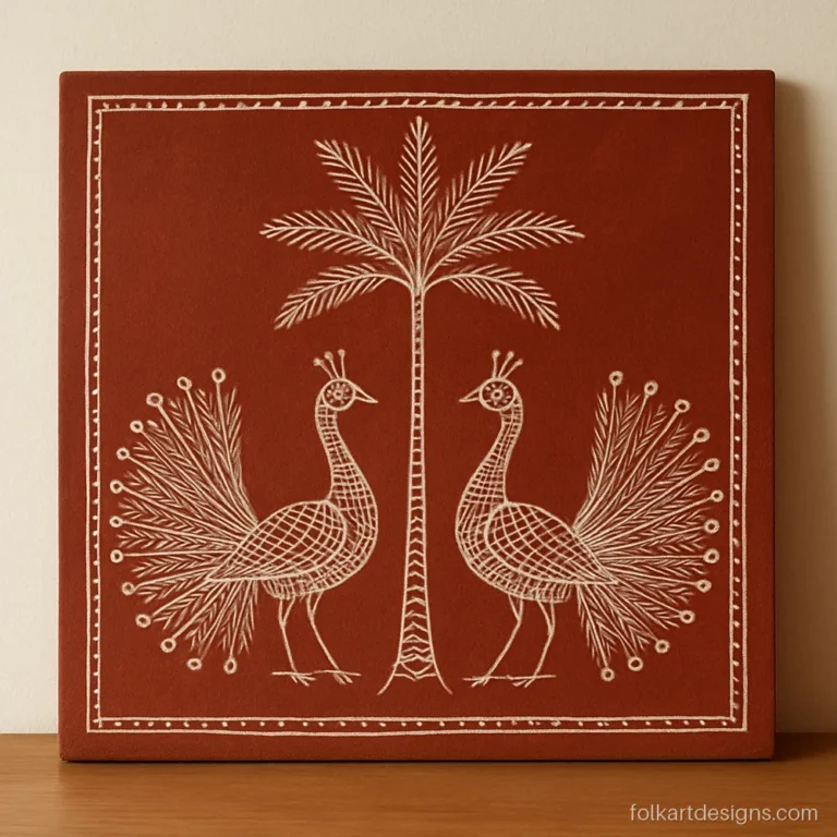 Warli art peacock pair under a palm tree drawn in white on red ochre