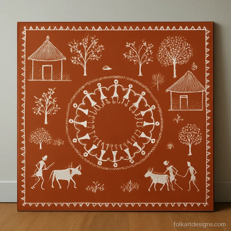 Classic white on red ochre warli art panel with a dance circle and village