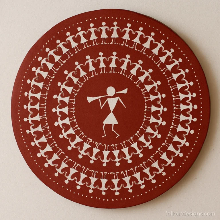 Warli tarpa dance circle painted on a round canvas with a horn player in the centre