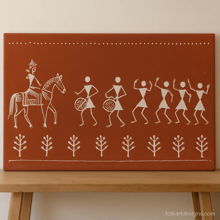 Warli art wedding procession with a horse, drummers and dancers on red ochre