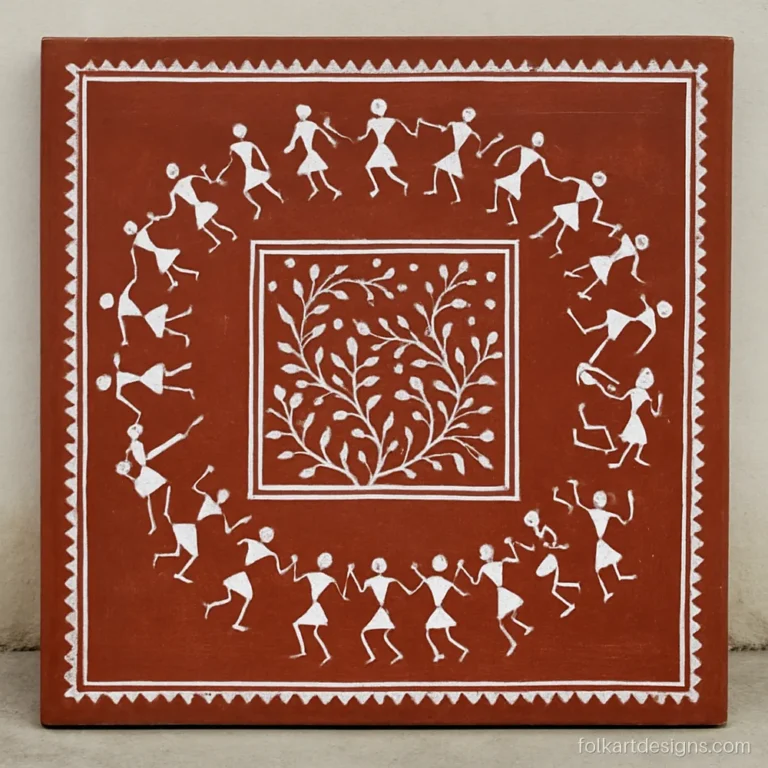 Warli wedding painting with a central square frame and a creeper border