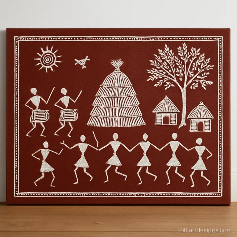 Warli art painting on canvas of a harvest festival on red ochre
