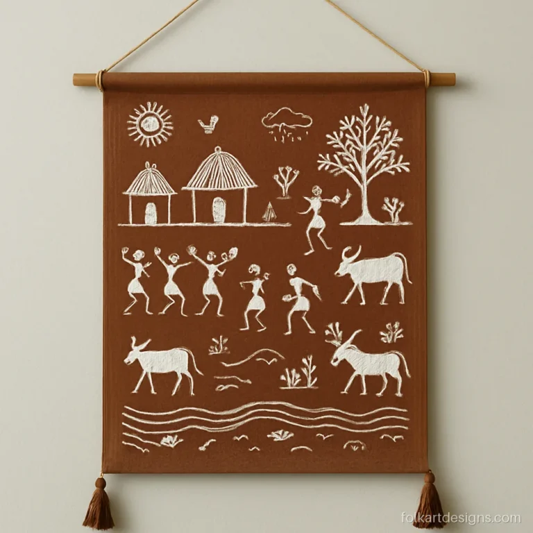Warli art wall hanging on brown cloth with a bamboo rod at the top