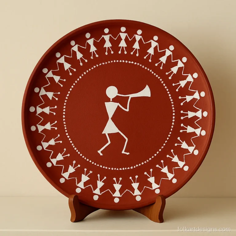 Warli art on plate: a red ochre decorative plate with a tarpa dance